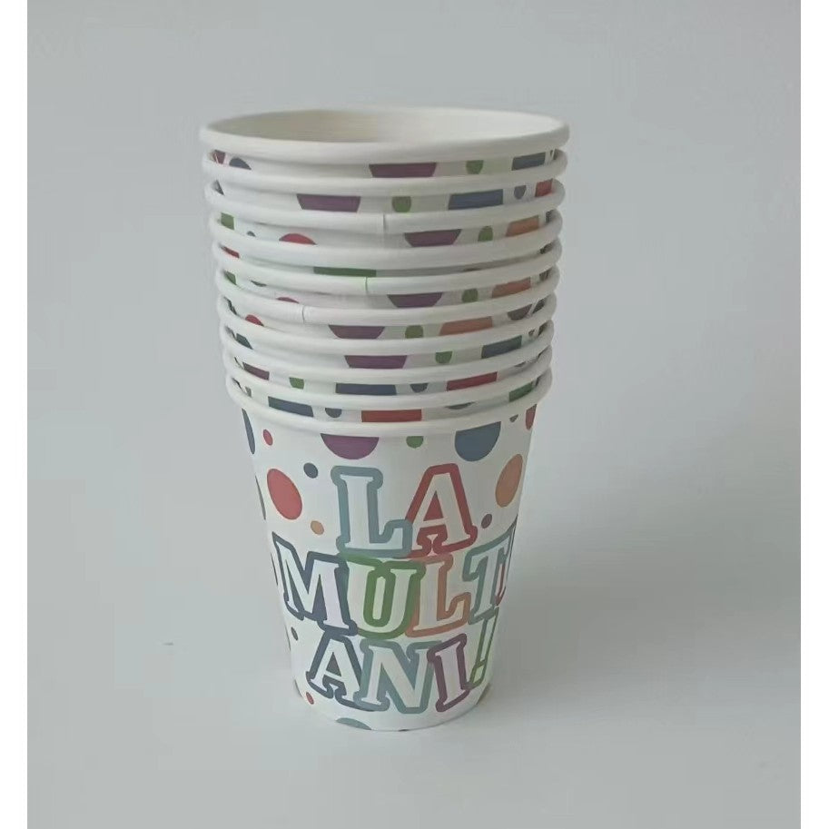 Set 10 Pahare, Vivimall, Imprimeu La Multi Ani, din Carton, 250 ml, 7 x 8.5 x 5 cm, Multicolor - vivimall.ro