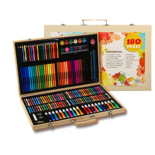 Set 180 Piese pentru Desen si Pictura, Vivimall, Tip Servieta din Lemn, Model Natur, 46 x 30.9 x 4.1 cm, Multicolor - vivimall.ro