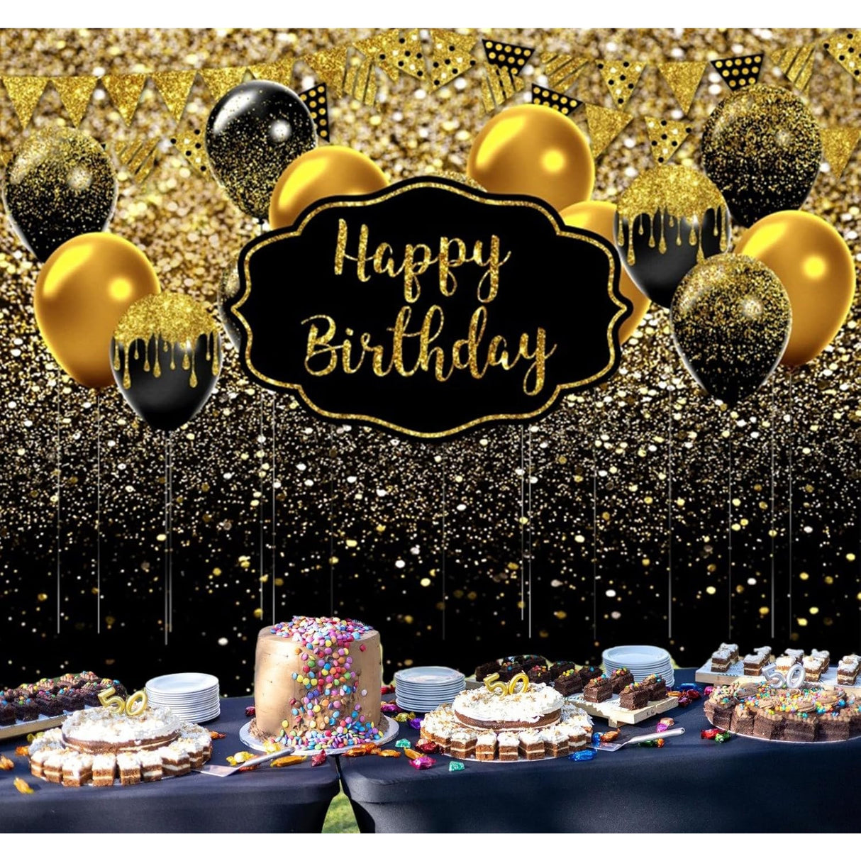 Banner Tip Fundal pentru Poze, Flippy, din Panza, 185 x 110 cm, Sfoara 6 m, Prindere in 4 Colturi, Negru/Auriu - vivimall.ro