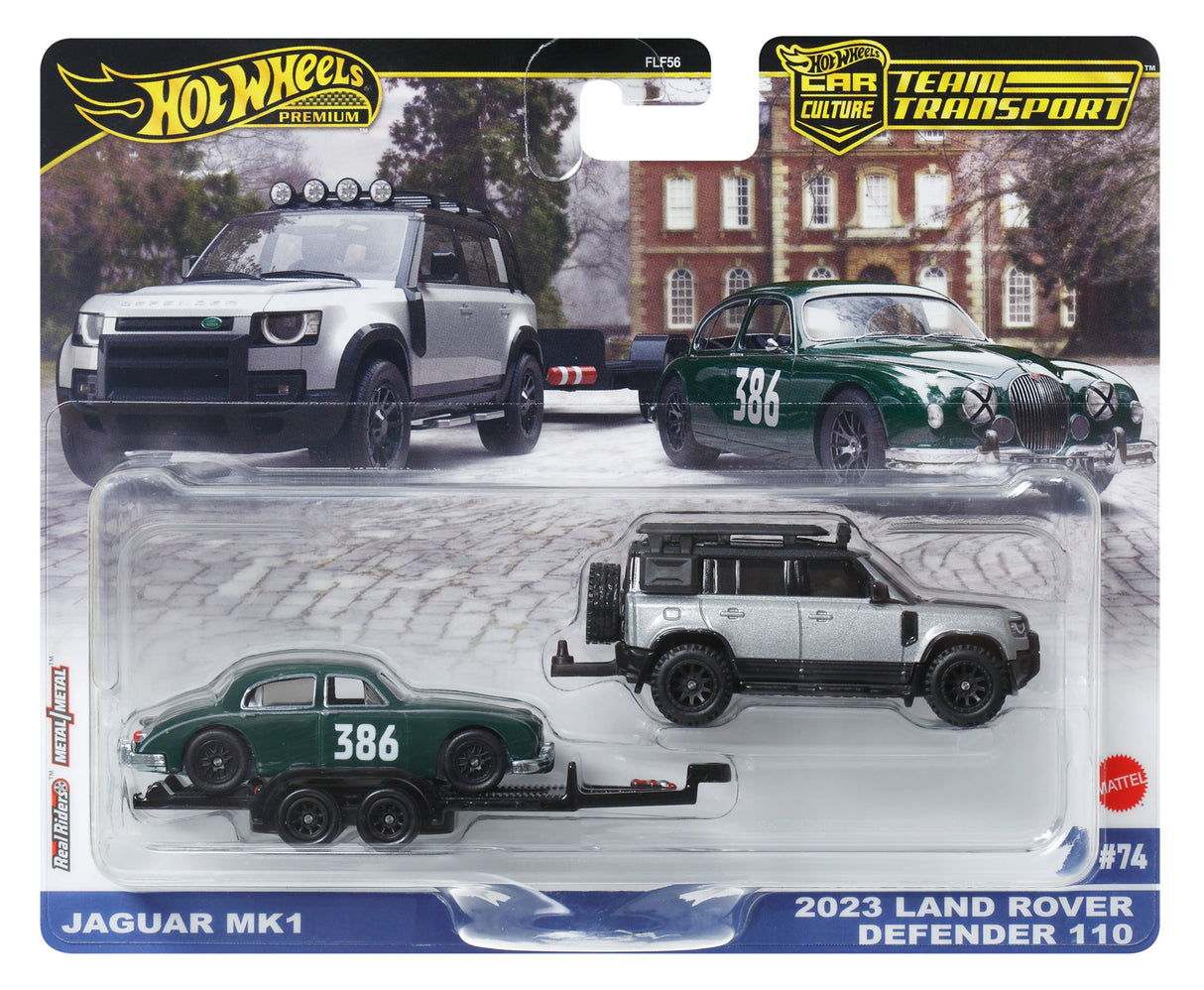 HOT WHEELS TRANSPORTATOR LAND ROVER DEFENDER 110 2023 CU MASINUTA JAGUAR MK1 SCARA 1 LA 64