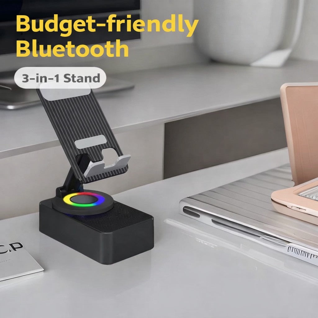 Suport Telefon cu Boxa Bluetooth, Flippy, Rotativ, Compact, Wireless, 18 x 9 cm, Negru - vivimall.ro