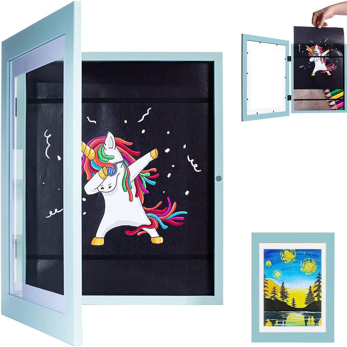 Rama Foto Vivimall, cu Magnet, din Lemn, cu Spatiu Pentru Depozitare, Pentru Desene si Picturi A4, Sticla Securizata, Rama MDF, 21x30 cm, Albastru - vivimall.ro