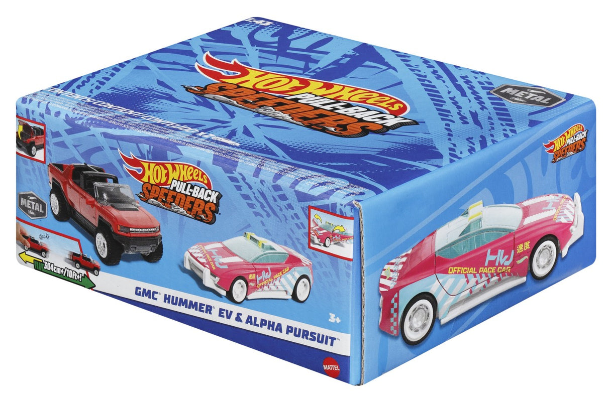 HOT WHEELS SET 2 MASINUTE METALICE PULL BACK GMC HUMMER EV SI ALPHA PURSUIT 1:43