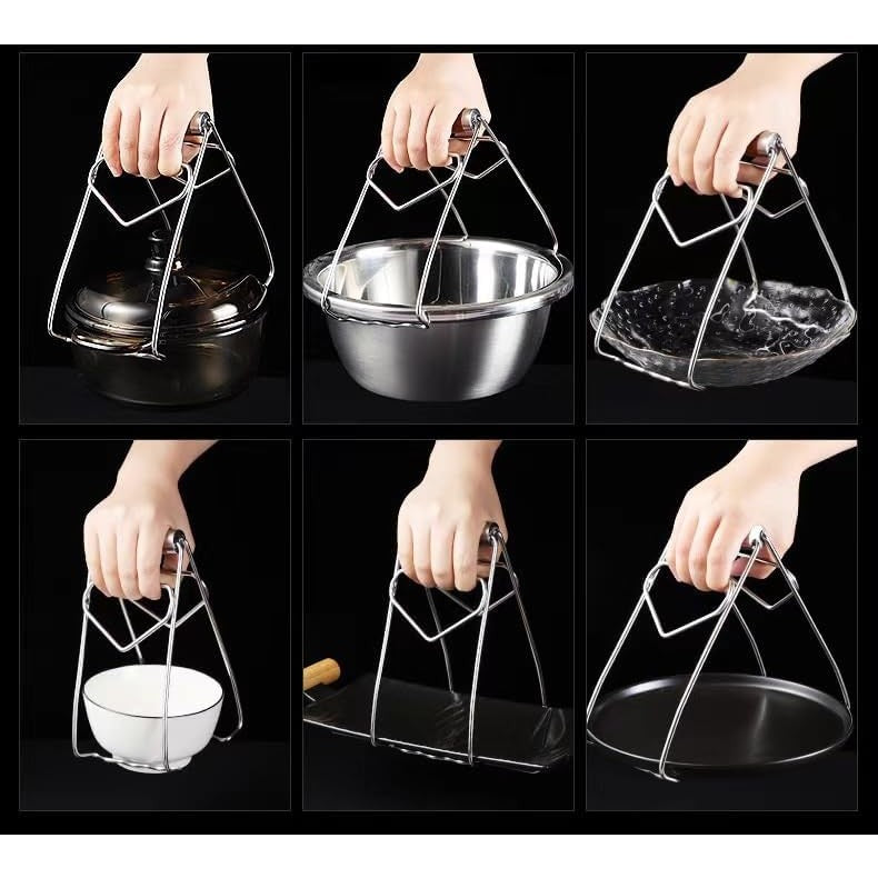 Clema pentru Boluri, Vivimall, Anti-Alunecare, din Otel Inoxidabil, Extindere, pentru Oale, Tigai, de Uz Casnic, Rezistent la Temperaturi Inalte, 19.5x9.8x8 cm, Maner Maro, Gri - vivimall.ro