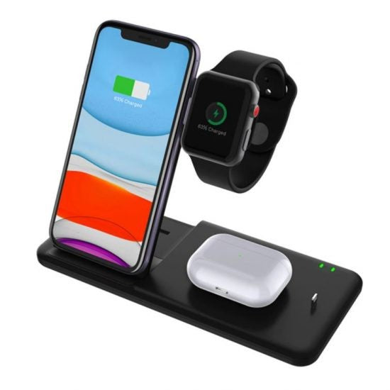 Incarcator Wireless FastCharge Vivimall 4 In 1, design pliabil, 15W, Compatibil Apple Watch, Airpods, iPhone, Android, Samsung, Huawei, Xiaomi, Oppo, Negru - vivimall.ro