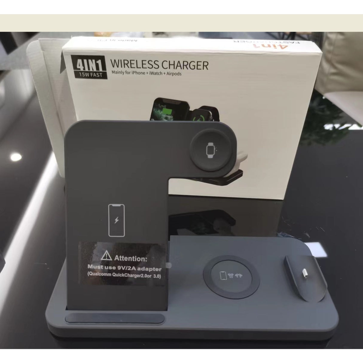 Incarcator Wireless FastCharge Vivimall 4 In 1, design pliabil, 15W, Compatibil Apple Watch, Airpods, iPhone, Android, Samsung, Huawei, Xiaomi, Oppo, Negru - vivimall.ro
