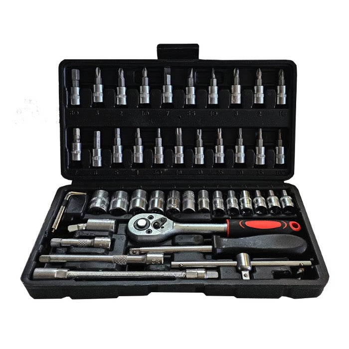 Chei tubulare Set 46 de Piese, Flippy, Trusa Scule de Reparatii Auto, Prelungitoare Rigid si Flexibil, Articulatie Cardanica, Antrenor de Forta Glisant, Adaptoare, Maner pentru Surubelnita, 23 x 12 x 4 cm, 1.9 kg, Cutie Neagra