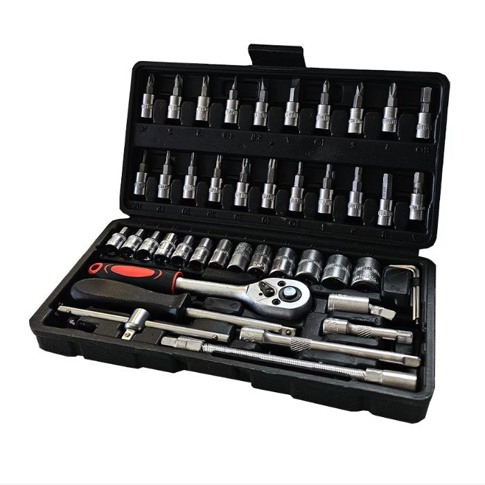 Chei tubulare Set 46 de Piese, Flippy, Trusa Scule de Reparatii Auto, Prelungitoare Rigid si Flexibil, Articulatie Cardanica, Antrenor de Forta Glisant, Adaptoare, Maner pentru Surubelnita, 23 x 12 x 4 cm, 1.9 kg, Cutie Neagra