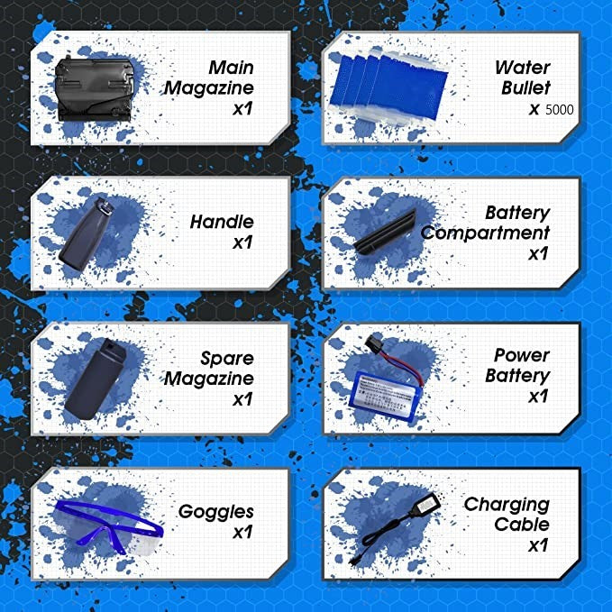 Mitraliera de jucarie electrica Vivimall cu bile de hidrogen de gel, gun bluster, tragere in rafala, varsta peste 6 ani, ochelari de protectie, 5000 de bile incluse, cablu de incarcare, 40.1 x 31.6 cm, Mp9, crem - vivimall.ro