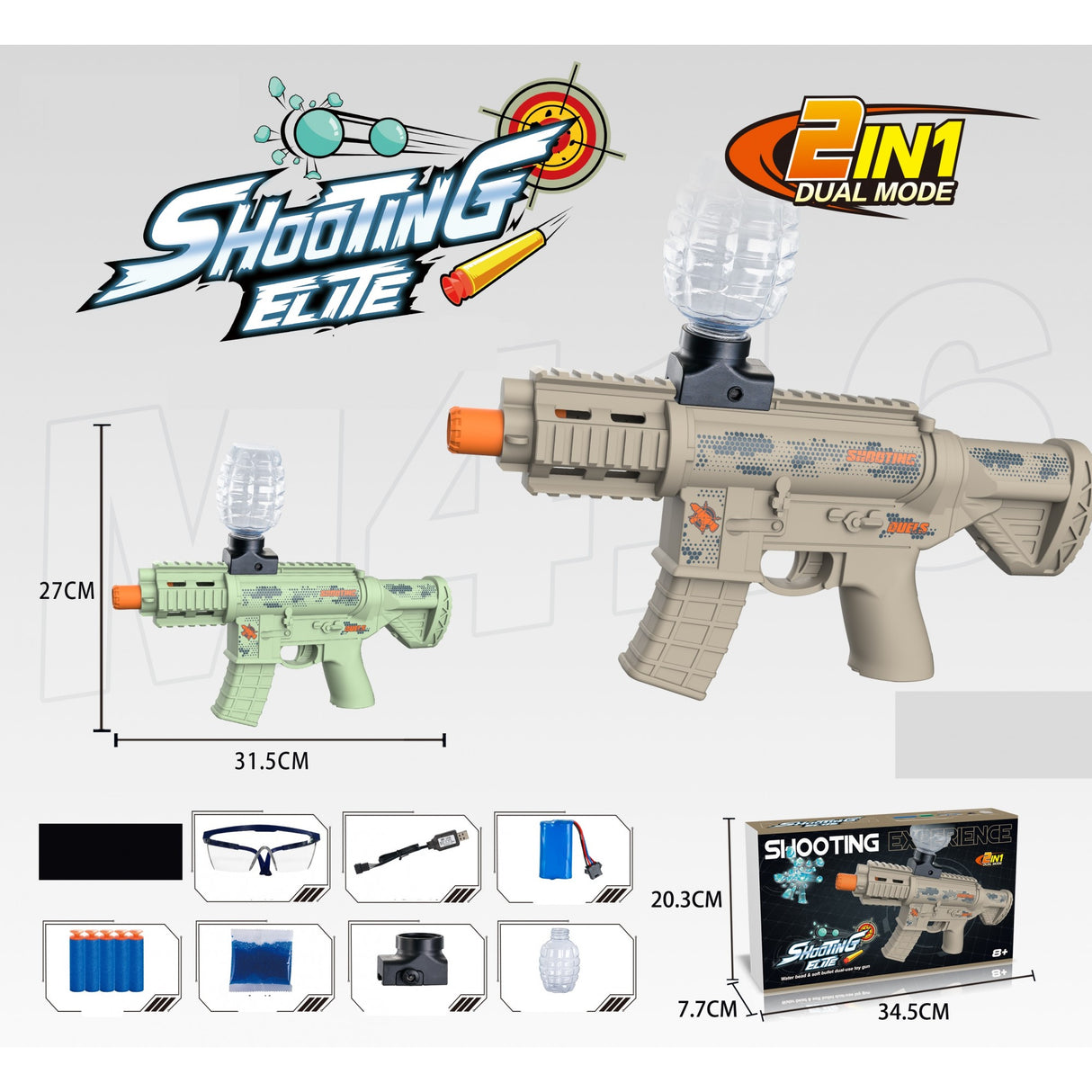 Mitraliera de jucarie electrica Vivimall cu bile de hidrogen de gel, gun bluster, tragere in rafala, varsta peste 6 ani, 2 in 1 bile si ventuze, ochelari de protectie, 5000 de bile incluse, cablu de incarcare, 27x31.5 cm, Mp9, crem - vivimall.ro