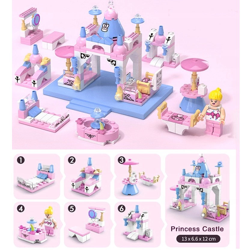 Piesele setului Castelul Prințesei 6 în 1 afișate individual, 131 bucăți colorate