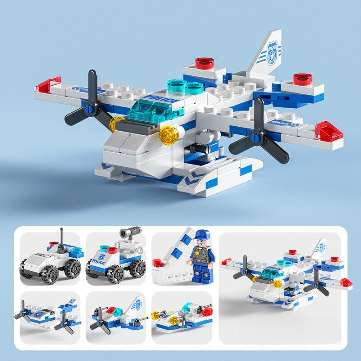 Set de Constructie Avion de Politie 6in1, Vivimall, 24x17cm, Multiple Variante de Asamblare, 137 de Piese, Multicolor - vivimall.ro