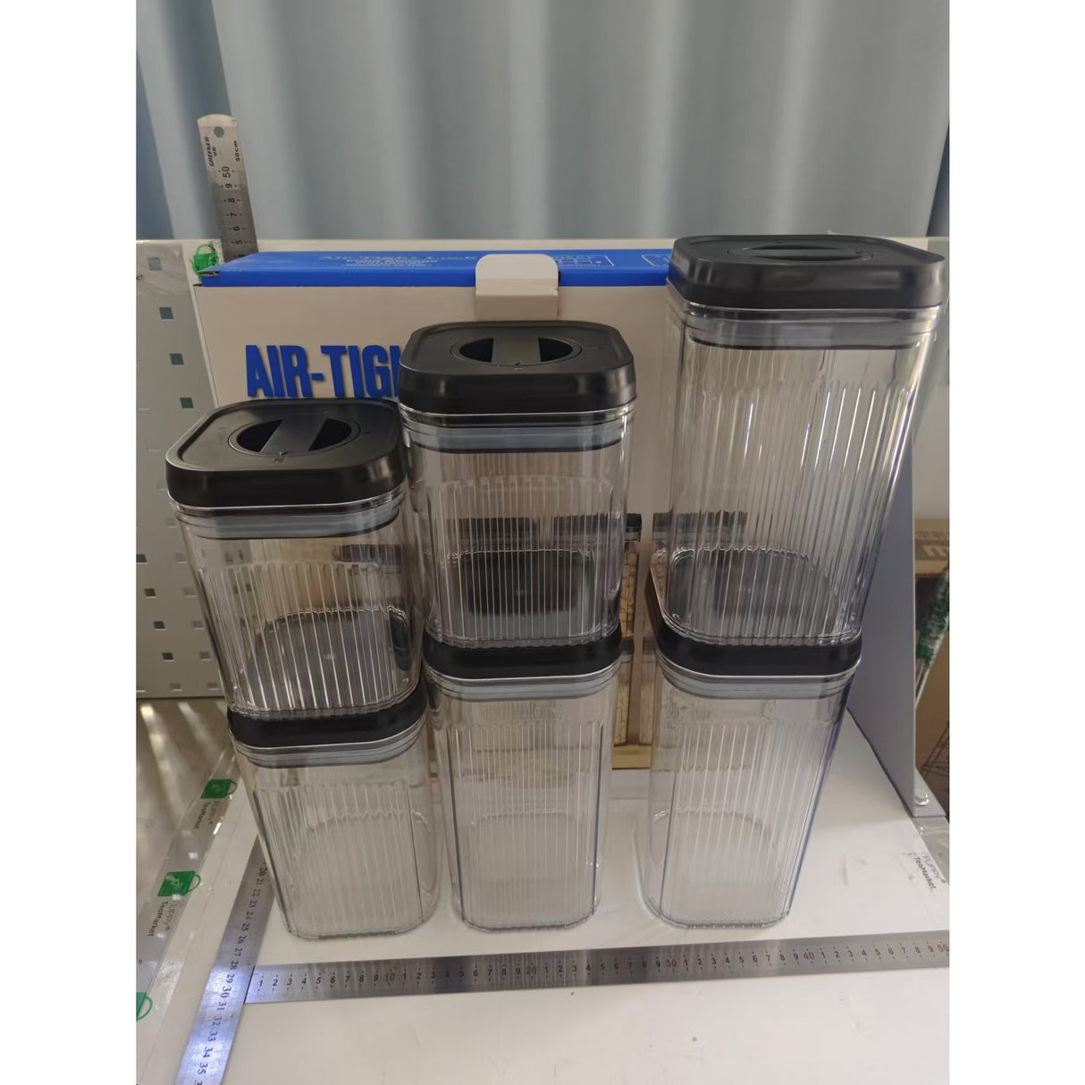 Cutii de Depozitare Alimente, Vivimall, Set din 6 Cutii de tip Container, Recipiente pentru Cereale in Bucatarie, Transparente cu Capac Negru - vivimall.ro