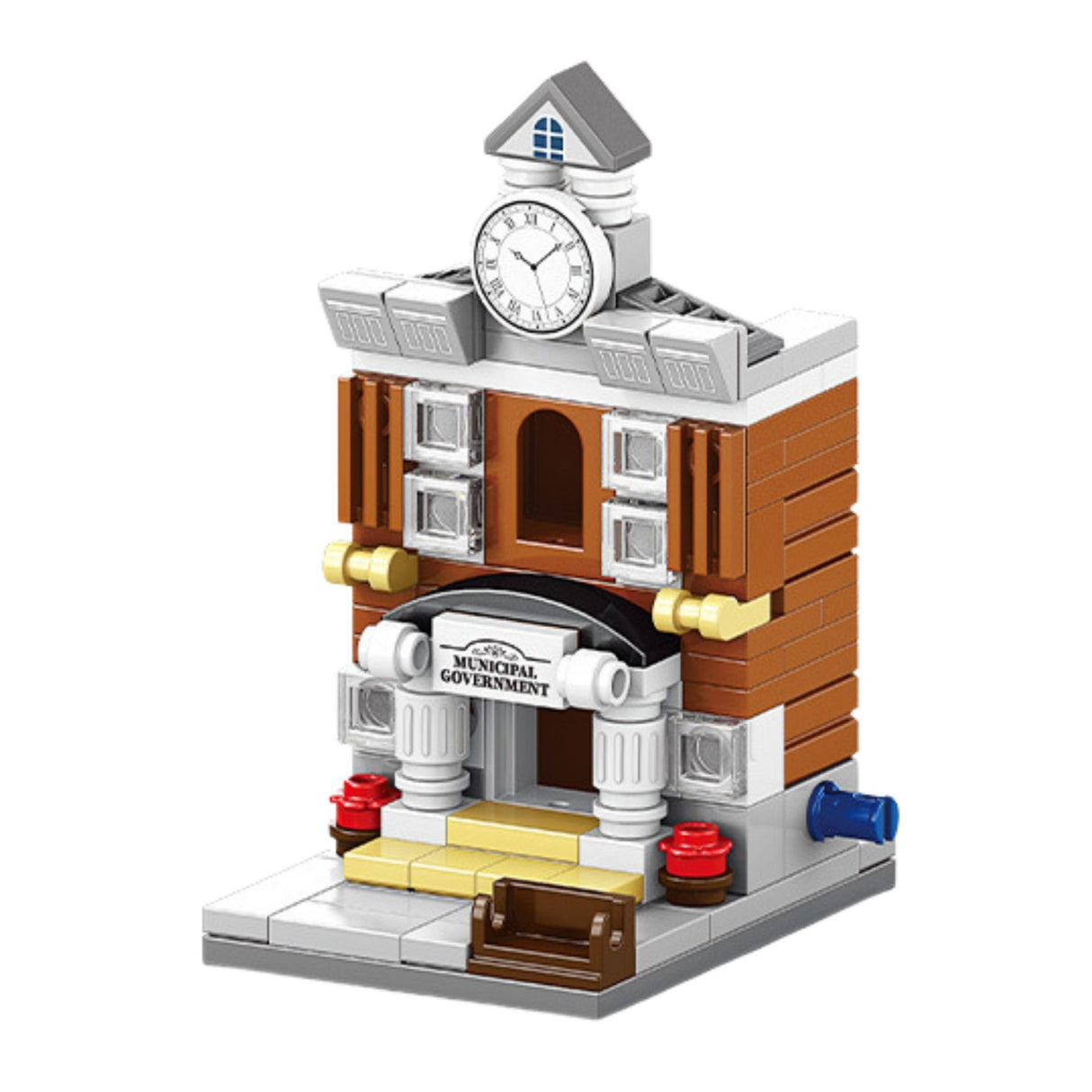 Set de construcție Flippy STEM 121 piese, model 3D Stradă Comercială Europeană, culori maro și gri, vedere frontală