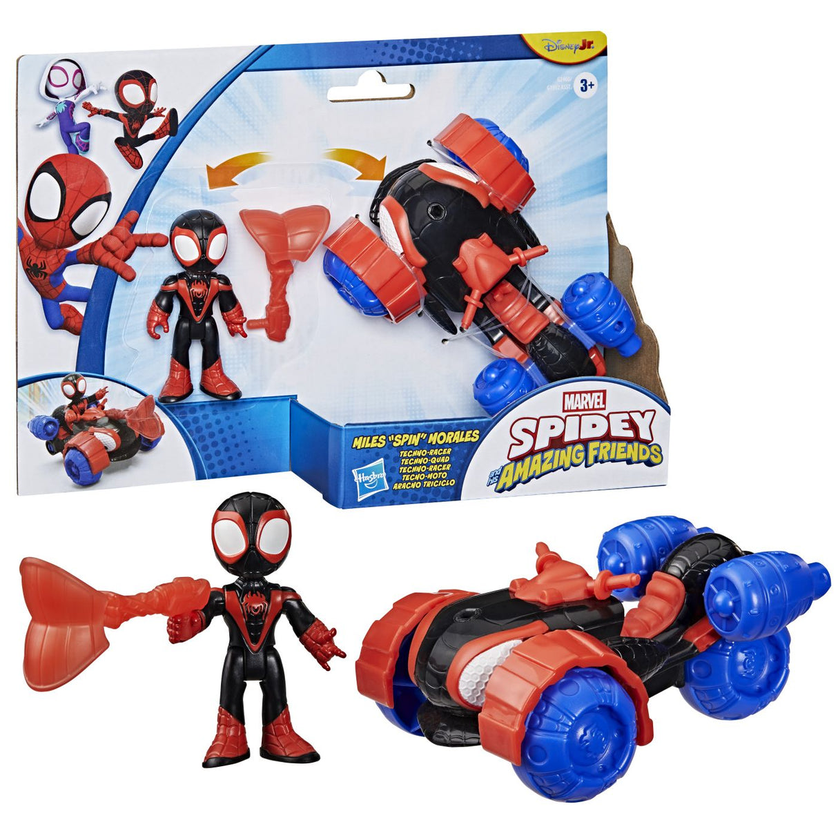 SPIDEY SI PRIETENII LUI UIMITORI MARVEL SET FIGURINA MILES SPIN MORALES SI VEHICUL TECHNO RACER 7.6CM