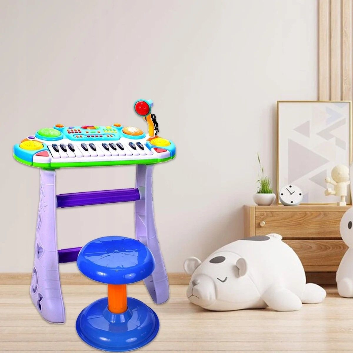 INSTRUMENT MUZICAL PIANINA ELECTRONICA MALPLAY CU SCAUN SI MICROFON 45 CM INALTIME ALBASTRU