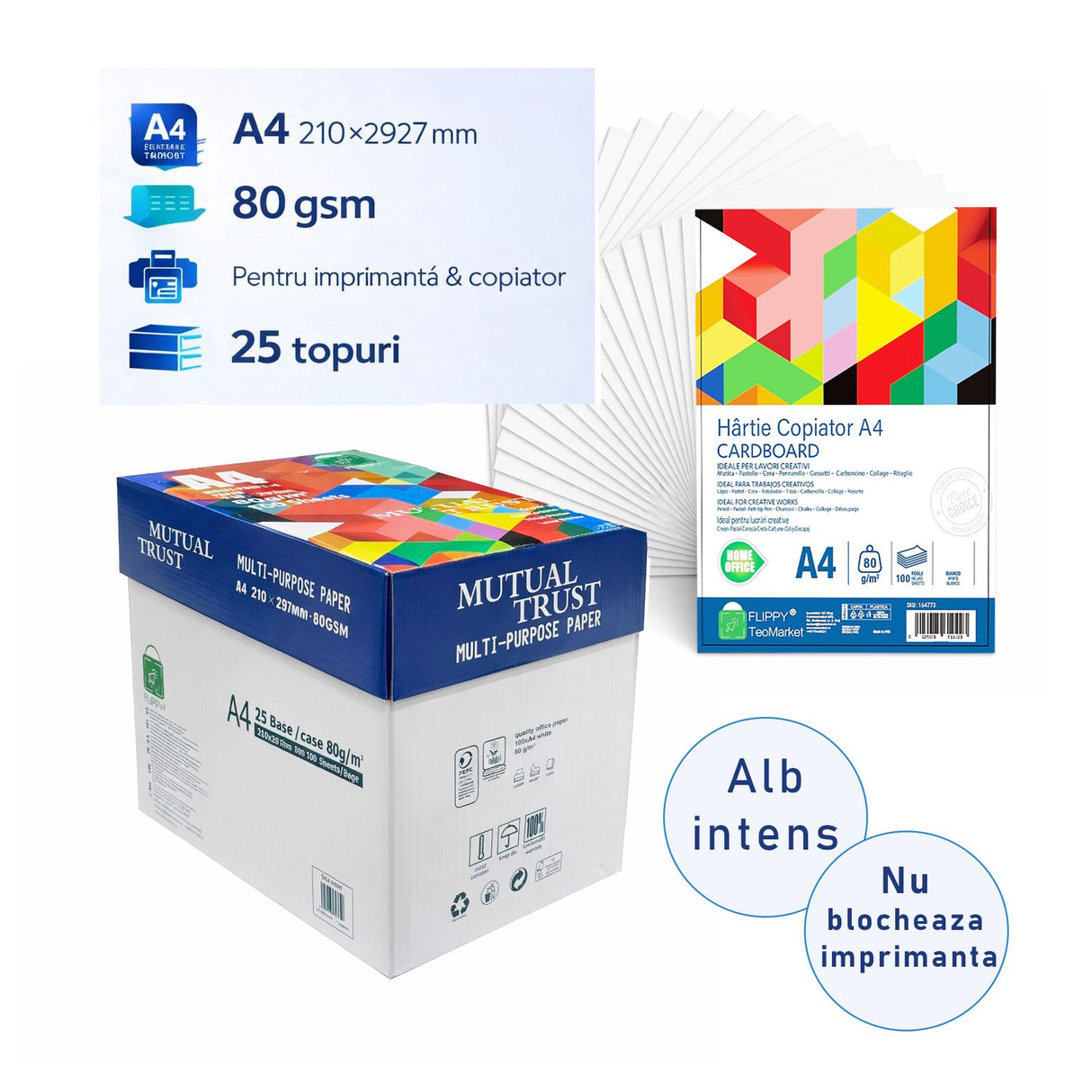 Hartie Copiator A4 Mutual Trust Cardboard, Flippy, 80 g/mp, 25 topuri x 100 coli/top (2500 coli), 210 x 297 mm, Hartie Multifunctionala pentru Printare, Copiere si Proiecte Creative - vivimall.ro