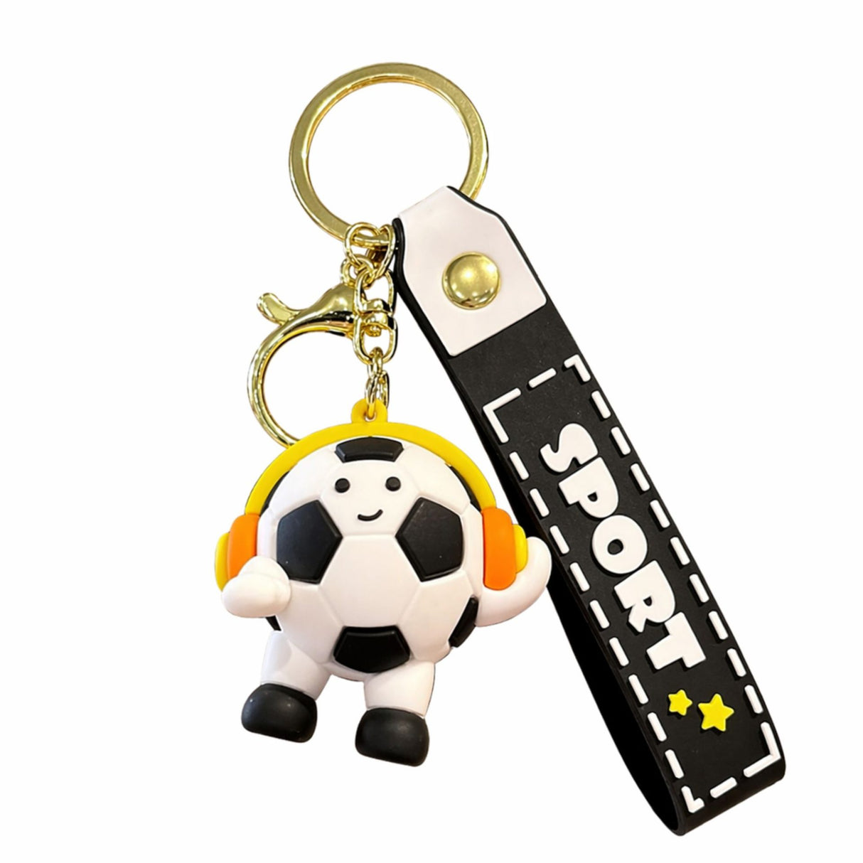 Breloc Chei, Flippy, Model Minge de Fotbal cu Casti, Cupa Mondiala, Accesoriu Pentru Chei si Rucsac, Material Acril, 50 g, Negru - vivimall.ro