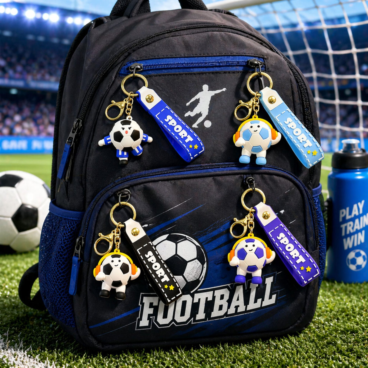 Breloc Chei, Flippy, Model Minge de Fotbal cu Casti, Cupa Mondiala, Accesoriu Pentru Chei si Rucsac, Material Acril, 50 g, Negru - vivimall.ro