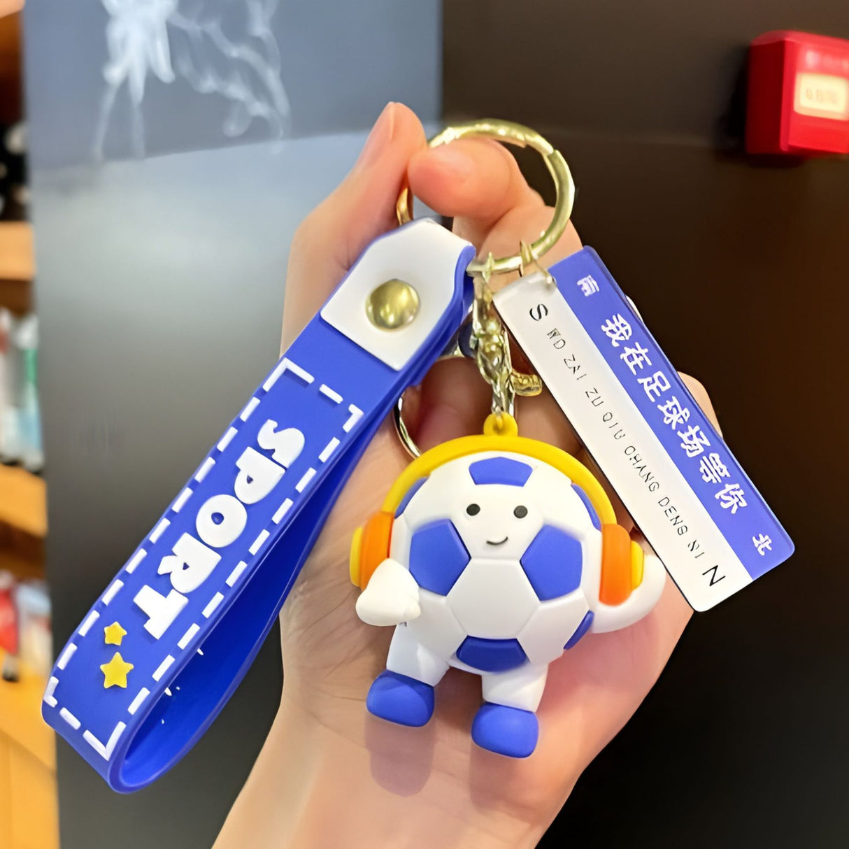 Breloc Chei, Flippy, Model Minge de Fotbal cu Casti, Mesaj Te aștept pe terenul de fotbal, Cupa Mondiala, Accesoriu Pentru Chei si Rucsac, Material Acril, 50 g, Albastru Inchis - vivimall.ro