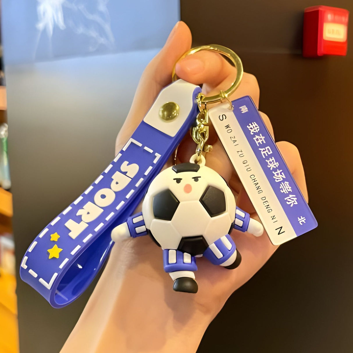 Breloc Chei, Flippy, Model Minge de Fotbal cu Casti, Mesaj Te aștept pe terenul de fotbal, Cupa Mondiala, Accesoriu Pentru Chei si Rucsac, Material Acril, 50 g, Albastru - vivimall.ro