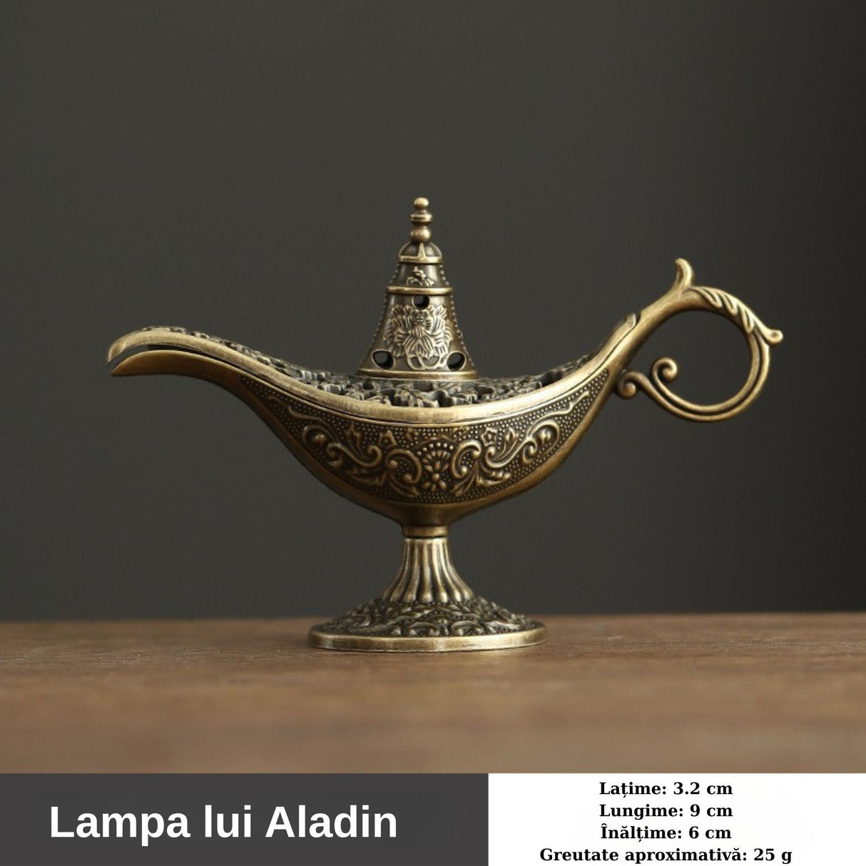 Arzător tămâie Flipppy model Lampă Aladin bronz, vedere de ansamblu pe suprafață decorativă