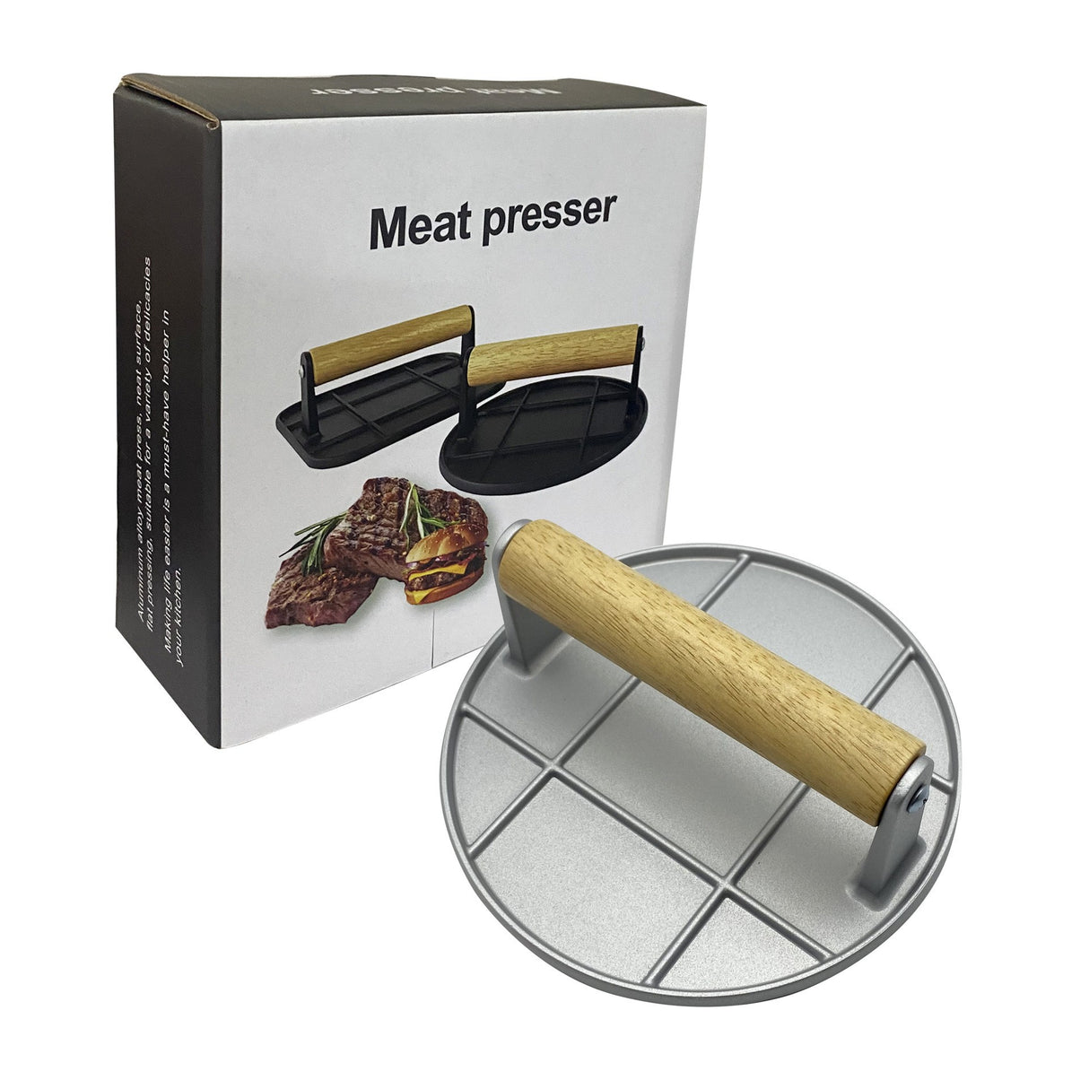 Presa Manuala pentru Carne, Vivimall, din Aliaj de Aluminiu, Maner din Lemn, Presa pentru Burgeri, Usor de Curatat si Folosit, Rotunda, 16x16x6 cm, Gri - vivimall.ro