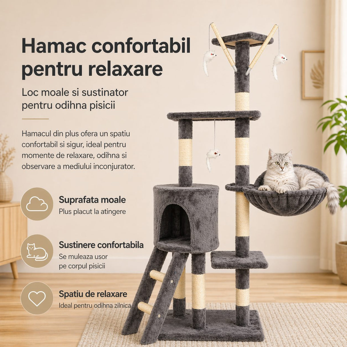Ansamblu de Joaca pentru Pisici, Flippy, Cat Climbing Frame Multifunctional, cu Platforme, Cusca, Hamac si Scara de Catarare, 49x35x135 cm, Gri - vivimall.ro