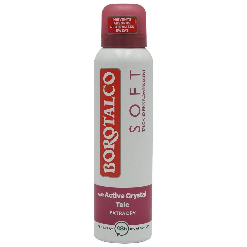 Antiperspirant deodorant Borotalco Soft 150 ml cu talc și cristale active, vedere frontală flacon spray