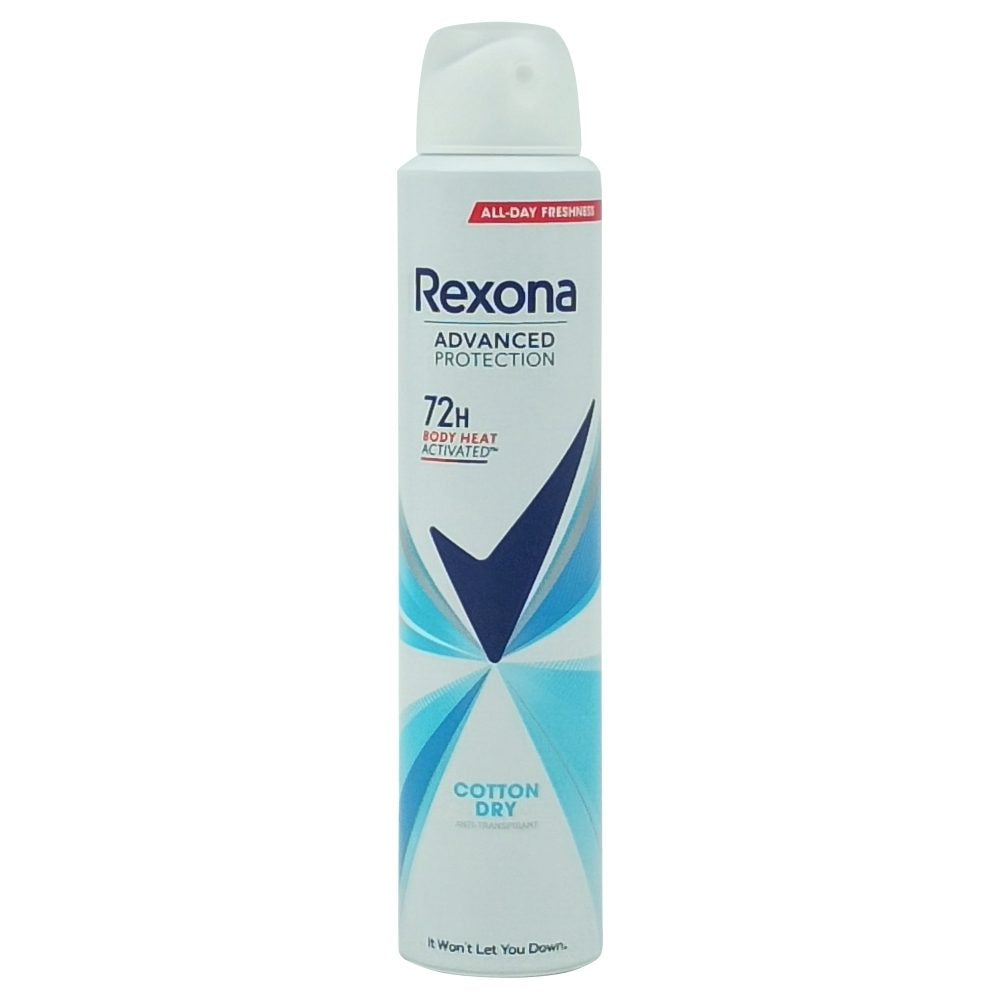 Antiperspirant Rexona Cotton Dry Advanced Protection spray 200 ml, vedere frontală, formulă uscată 48 ore