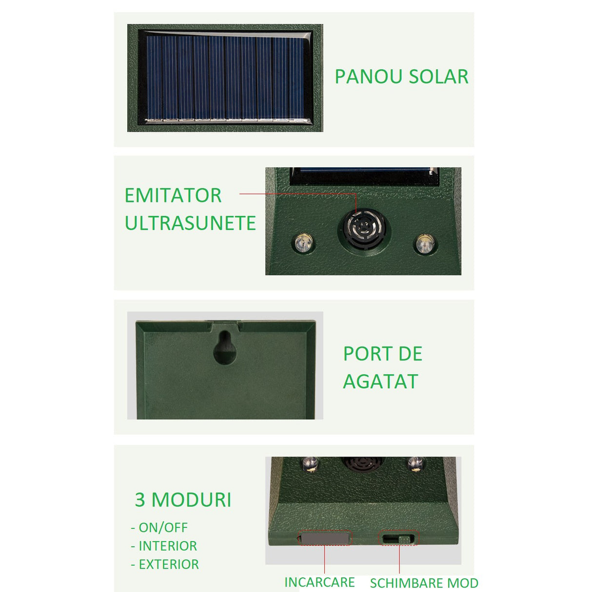 Aparat Solar LED cu Ultrasunete, Vivimall, Repelent pentru Animale Mari si Mici, Lumina Rosie si Alba, Anti Rozatoare, Anti Insecte, Frecventa 9-36.5KHZ, 12 X 6.5 cm, Verde - vivimall.ro