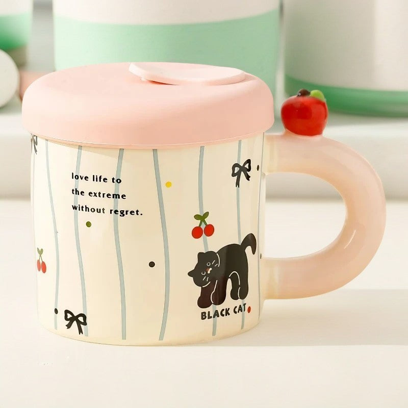 Cana din Ceramica cu Capac si Pai, Vivimall, Capacul si Paiul din Silicon Roz, 9x8.5 cm, Model Cute A, Capacitate 380ml - vivimall.ro