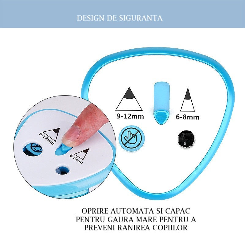 Ascuțitoare electrică cu 2 găuri pentru creioane 6-8 mm și 9-12 mm, detaliu orificii ascuțire