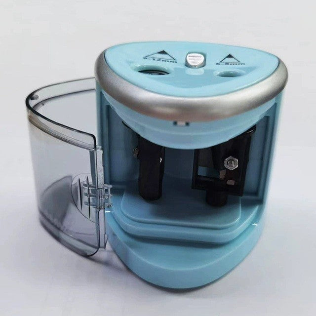 Ascuțitoare electrică cu 2 găuri pe birou, context școlar, design ergonomic modern