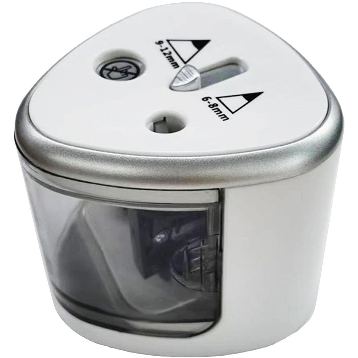 Ascuțitoare electrică gri cu 2 găuri pentru creioane, vedere frontală, dimensiuni 7.5x7.5x7.5 cm