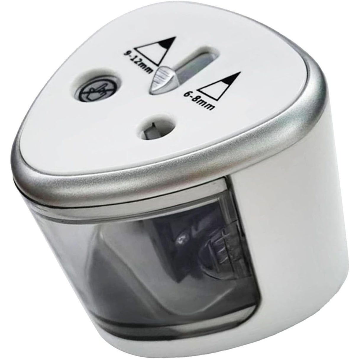 Ascuțitoare electrică gri 7.5 cm, comparație dimensiune cu creion standard colorat