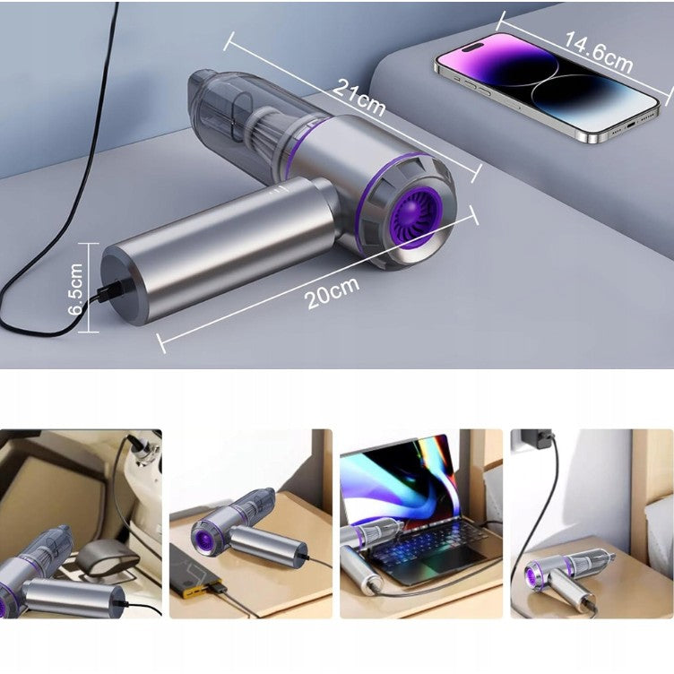 Aspirator Portabil Auto, Vivimall, pentru Casa si Masina, 3 Viteze, Incarcator Tip-C cu Incarcare Rapida, Tub Prelungitor, 2000mAh, 7 Capete de Aspirare si Suflare, 21x20x6.5 cm, Argintiu Mov - vivimall.ro