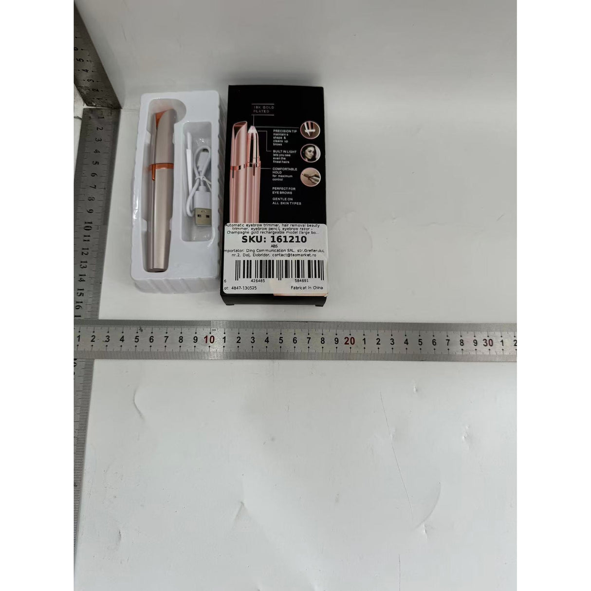 Trimmer Facial, Vivimall, pentru Sprancene, Incarcare USB, 1.5 x 13 cm, din ABS, Sampanie - vivimall.ro