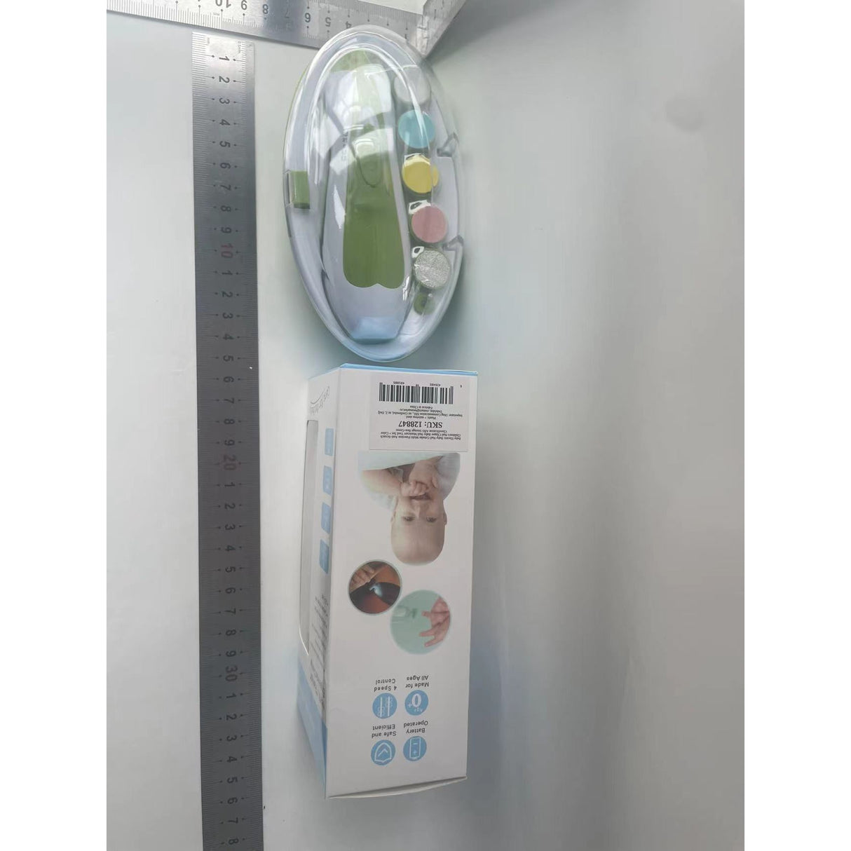 Set Pila Electrica pentru Copii si Bebelusi, Vivimall, ABS, 6 Accesorii, cu Lumina LED, Verde Alb - vivimall.ro