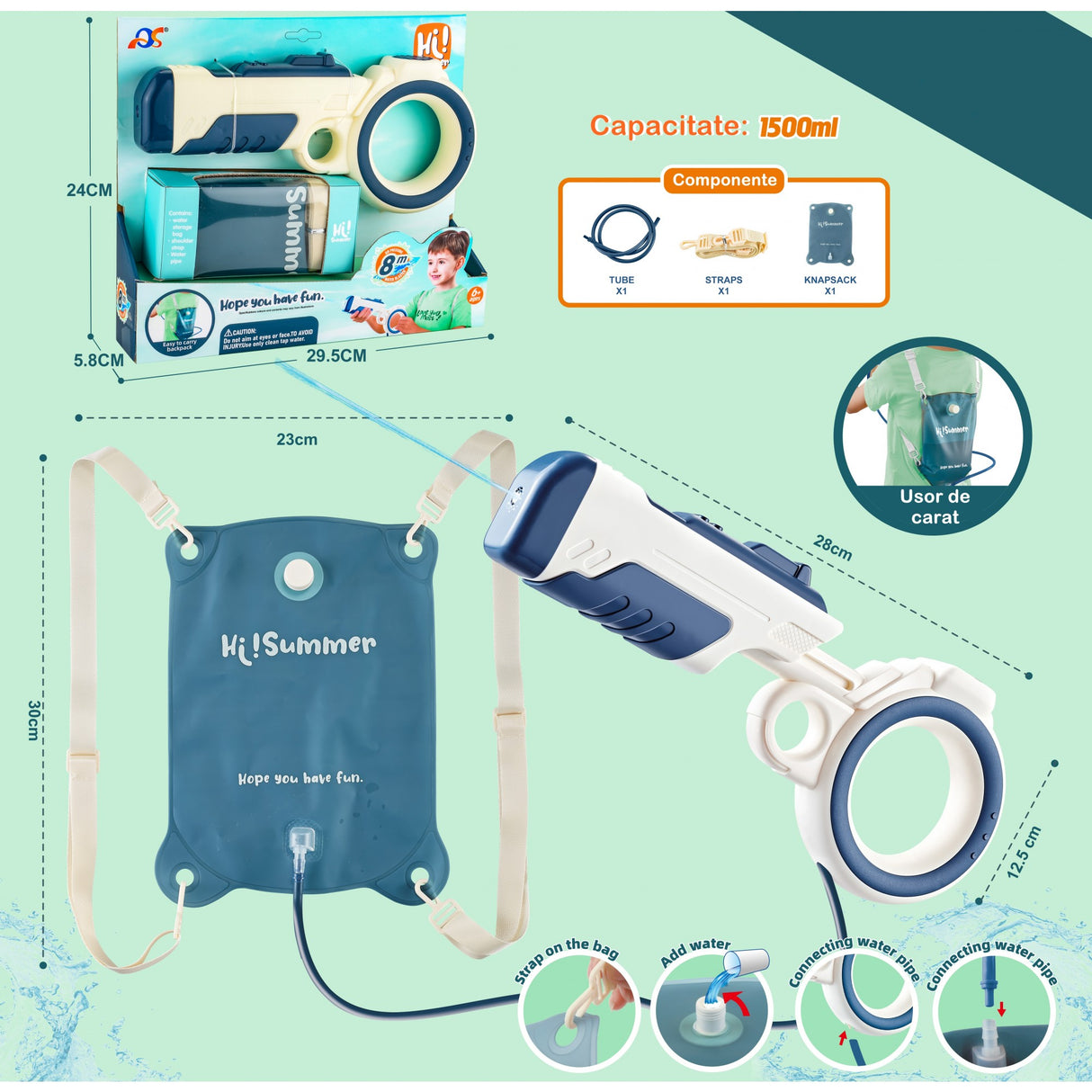 Pistol cu apa pentru copii Vivimall, rezervor tip ghiozdan, 1500 ml, reglabil, material ABS/silicon, distanta improscare 8 metri, tragaci cu presiune, 12.5 x 28 cm, albastru - vivimall.ro