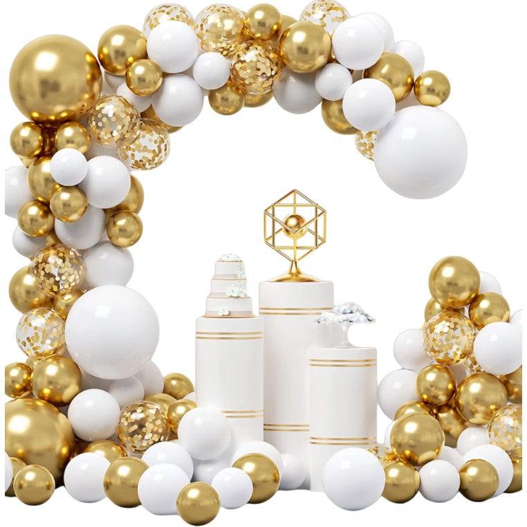 Baloane pentru Arcada decorativa, Vivimall, Set 127 baloane din Latex, Model Petrecere pentru Arcada, Baloane Party, 12 cm, 25 cm, 30 cm, Alb Gold - vivimall.ro