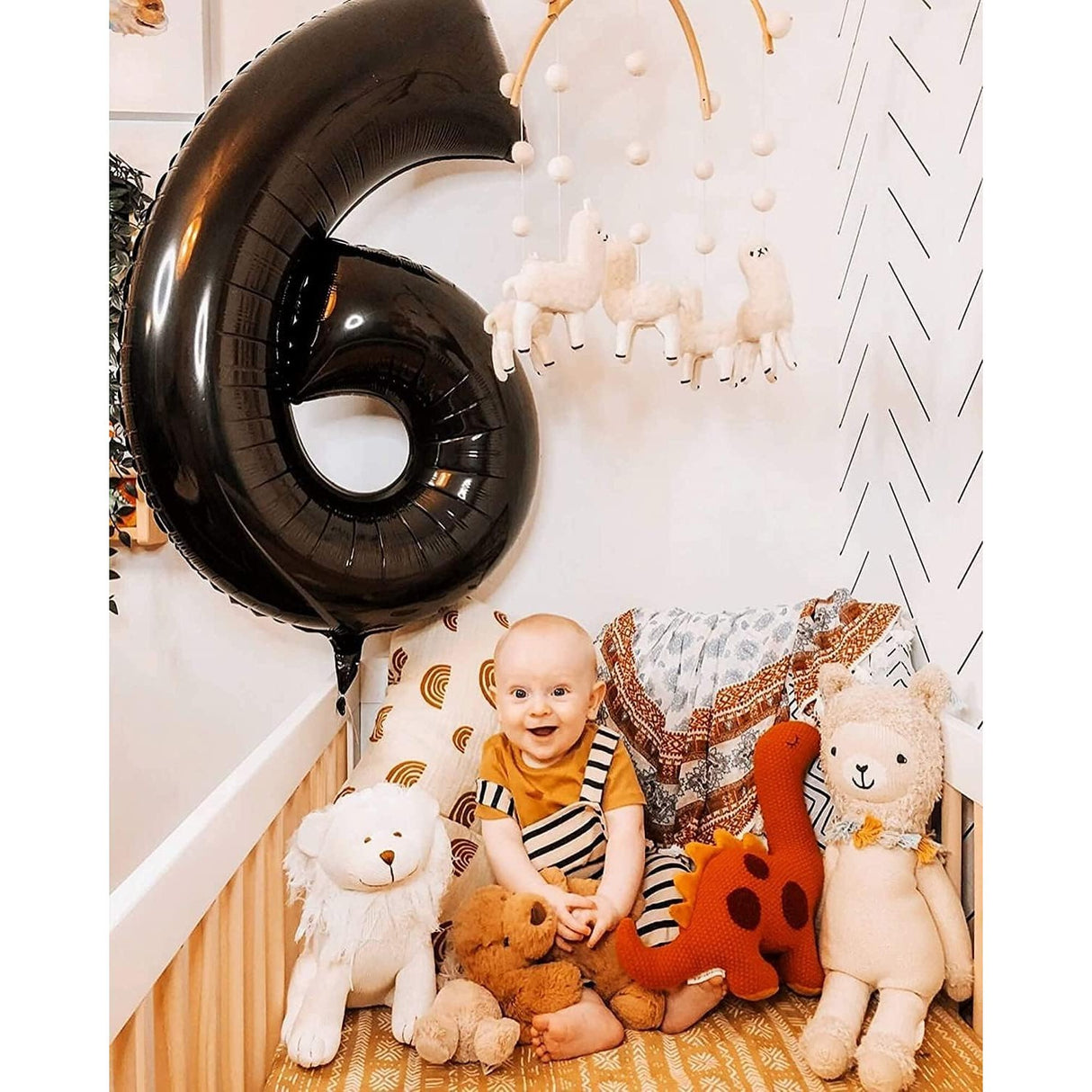 Balon din Folie Metalizata, Vivimall, Figurina Cifra, Tema Aniversare 100 cm, Ambalaj Individual, Pai inclus, Umflare cu Aer sau Heliu, Negru, Cifra 6 - vivimall.ro