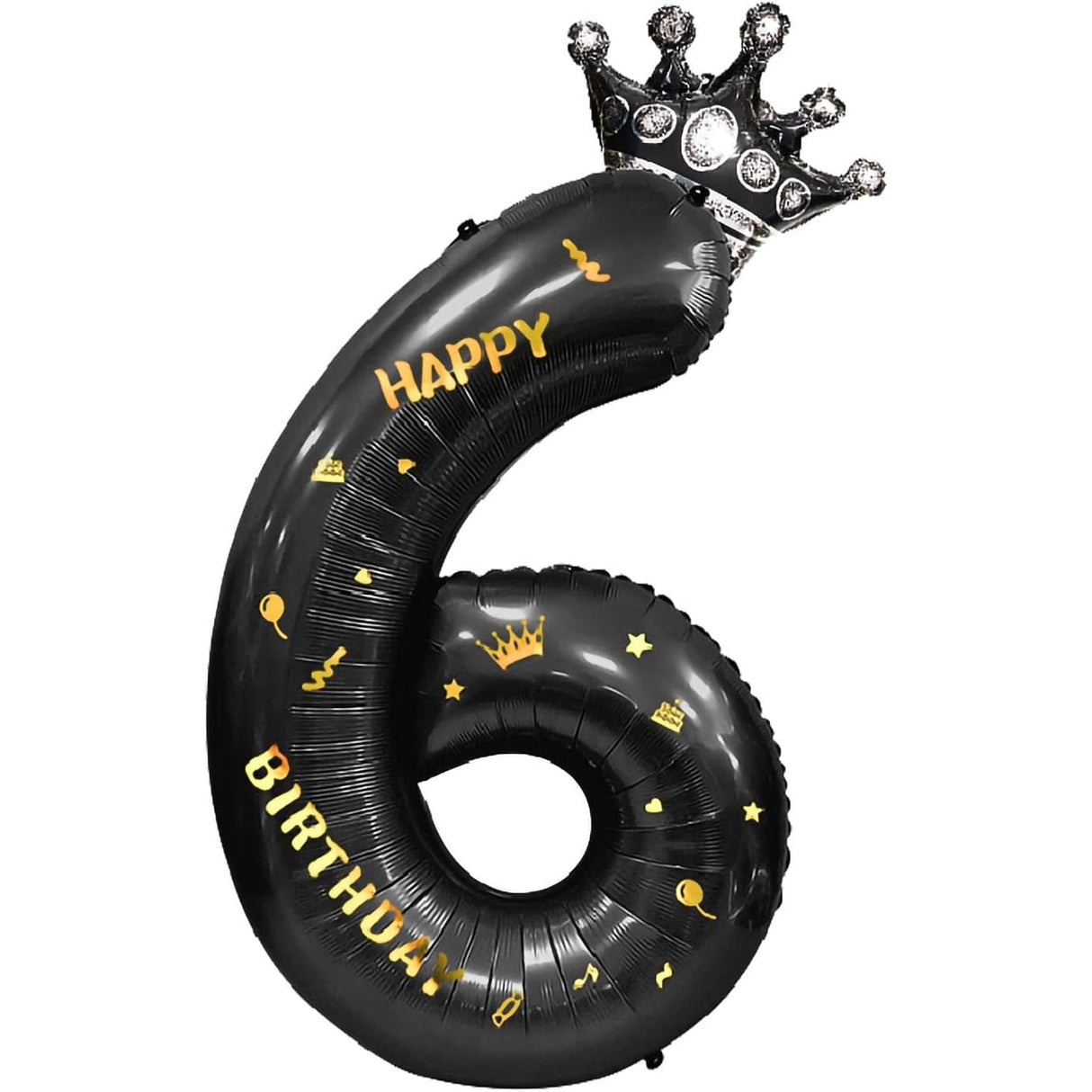Balon din Folie Metalizata Vivimall, Figurina Cifra si Coroana, Scris Happy Birthday, Tema Aniversare 100 cm, Ambalaj Individual, Pai inclus, Umflare cu Aer sau Heliu, Negru, Cifra 6 - vivimall.ro
