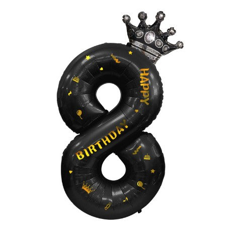 Balon din Folie Metalizata Vivimall, Figurina Cifra si Coroana, Scris Happy Birthday, Tema Aniversare 100 cm, Ambalaj Individual, Pai inclus, Umflare cu Aer sau Heliu, Negru, Cifra 8 - vivimall.ro