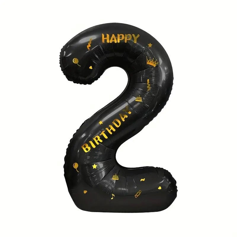Balon din Folie Metalizata Vivimall, Figurina Cifra, Scris Happy Birthday, Tema Aniversare 100 cm, Ambalaj Individual, Pai inclus, Umflare cu Aer sau Heliu, Negru, Cifra 2 - vivimall.ro