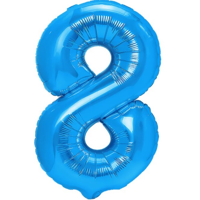 Balon din Folie Metalizata Vivimall, Figurina Cifra, Tema Aniversare 40 cm, Ambalaj Individual, Pai inclus, Umflare cu Aer sau Heliu, Albastru, Cifra 8 - vivimall.ro