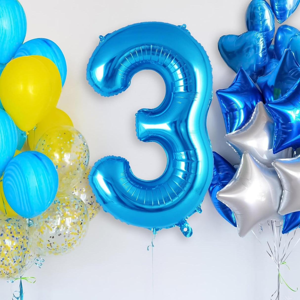 Balon din Folie Metalizata Vivimall, Figurina Cifra, Tema Aniversare 40 cm, Ambalaj Individual, Pai inclus, Umflare cu Aer sau Heliu, Albastru, Cifra 3 - vivimall.ro