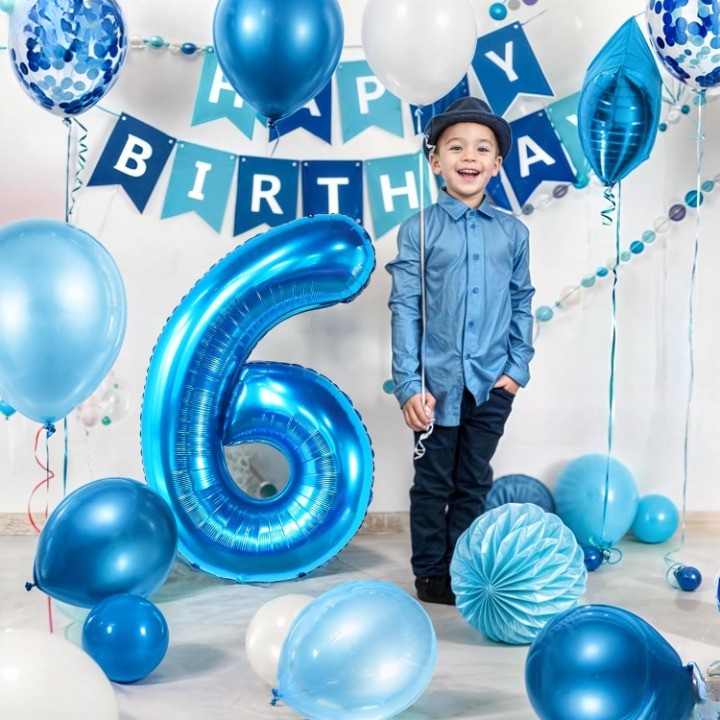 Balon din Folie Metalizata Vivimall, Figurina Cifra, Tema Aniversare 80 cm, Ambalaj Individual, Pai inclus, Umflare cu Aer sau Heliu, Albastru, Cifra 6 - vivimall.ro