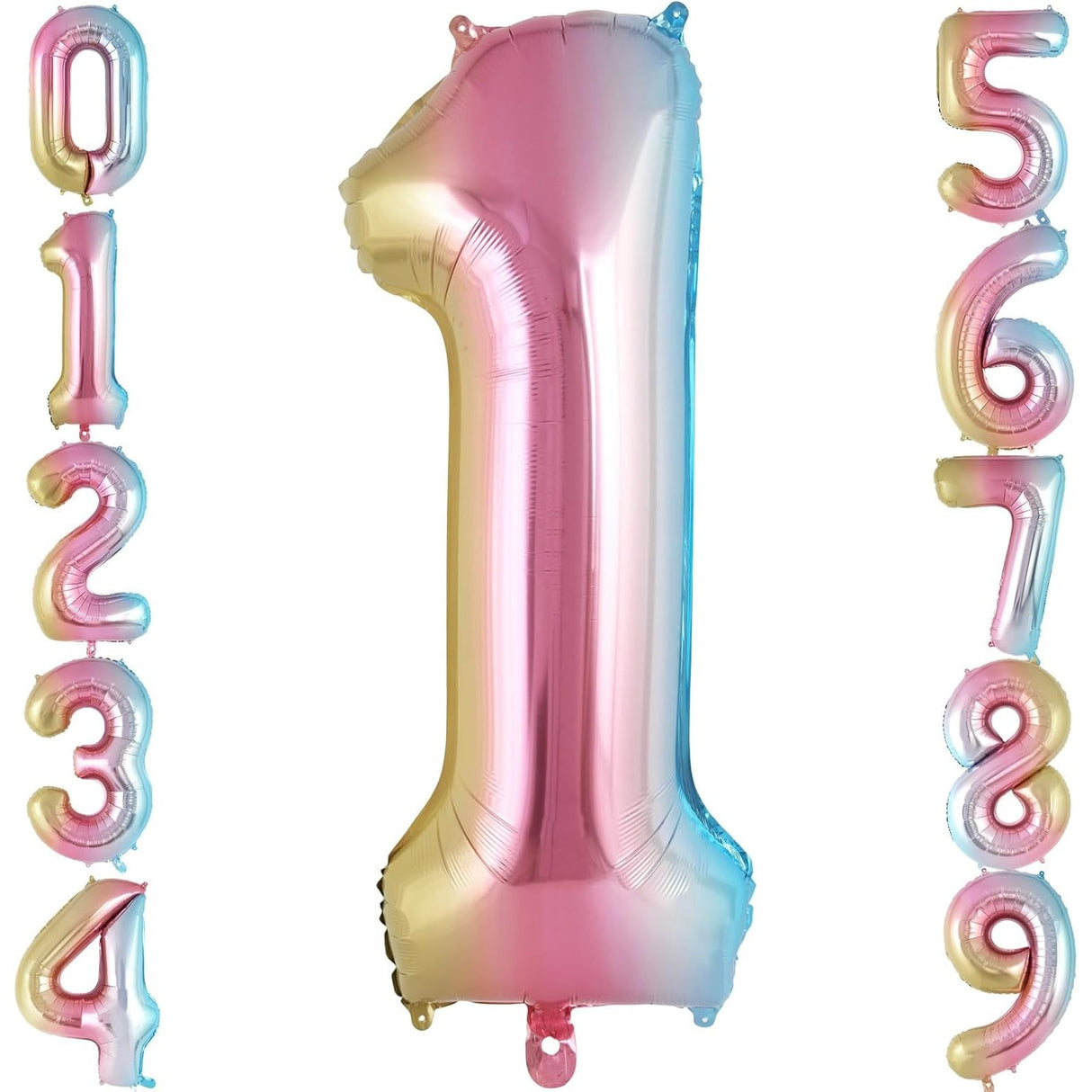 Balon din Folie Metalizata Vivimall, Figurina Cifra Gradient, Tema Aniversare 40 cm, Ambalaj Individual, Pai inclus, Umflare cu Aer sau Heliu, Multicolor, Cifra 1 - vivimall.ro