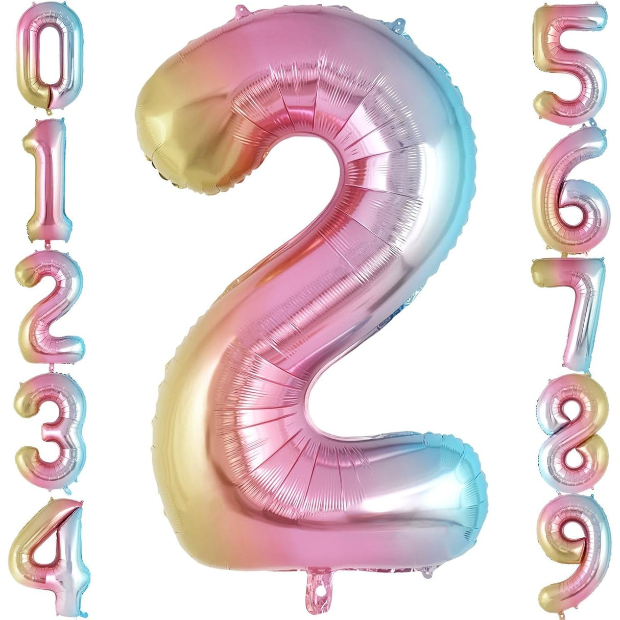 Balon din Folie Metalizata Vivimall, Figurina Cifra Gradient, Tema Aniversare 40 cm, Ambalaj Individual, Pai inclus, Umflare cu Aer sau Heliu, Multicolor, Cifra 2 - vivimall.ro